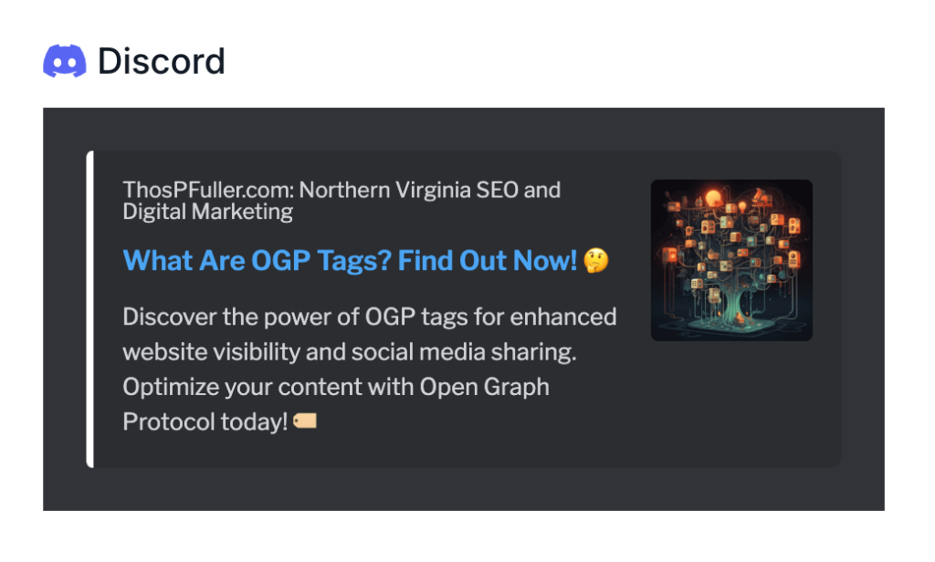 The Open Graph Preview Open Graph meta tags result for Discord that includes the site title, article title, article meta description, and article image.