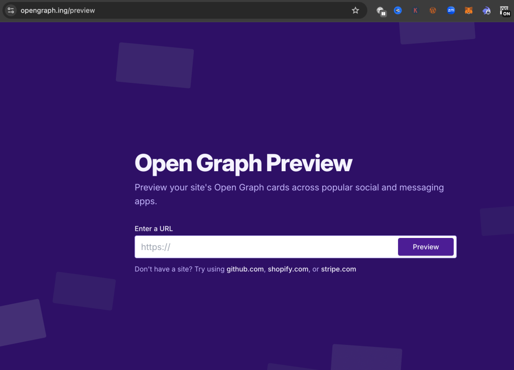 The Open Graph Preview landing page entry point for running an Open Graph test -- the user enters the target URL and smashes the "Preview" button.