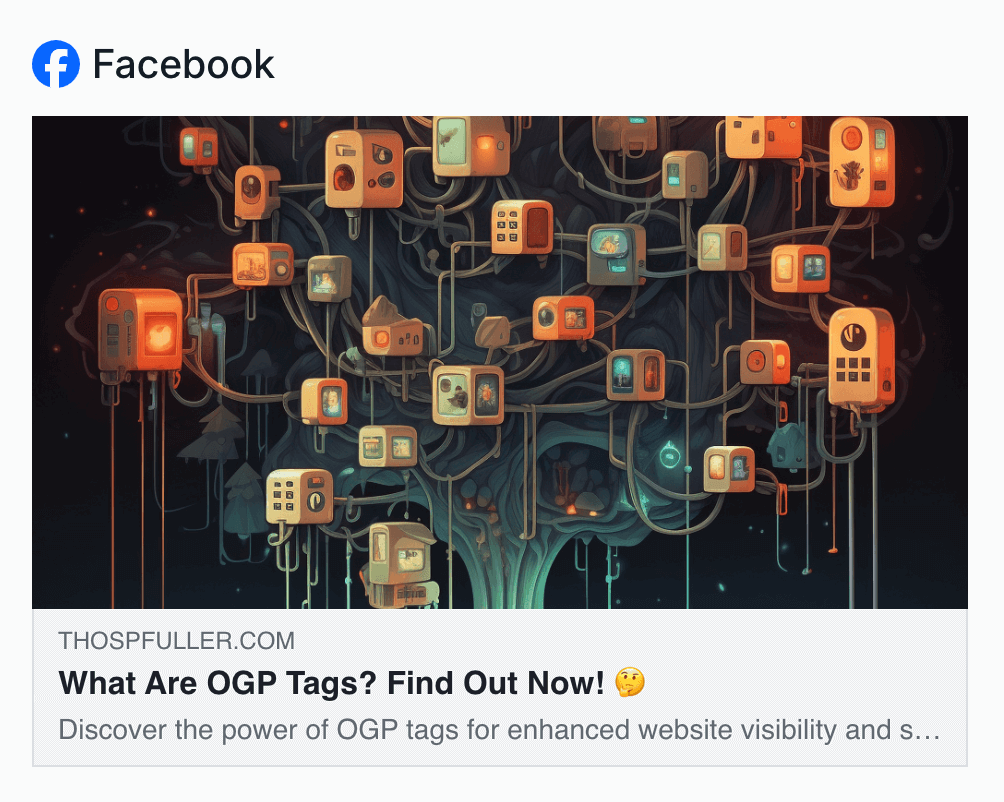 The Open Graph Preview OGP testing tool results for Facebook which demonstrates that the image, website URL, article title, and article description are displayed correctly.