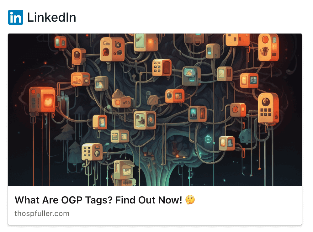 The Open Graph Preview result for LinkedIn Open Graph tags which includes the image, title, and website URL.