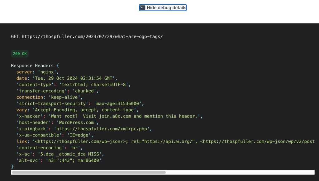 Open Graph Preview Tool: Show Debug Details (panel one) which contains the 200 (OK) response code along with response headers as JSON.