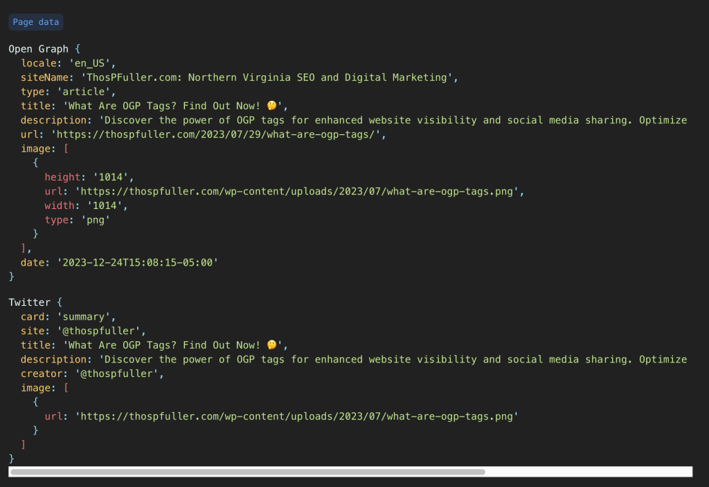 Open Graph Preview Tool: Show Debug Details (panel two) which contains the OpenGraph and Twitter Card JSON.