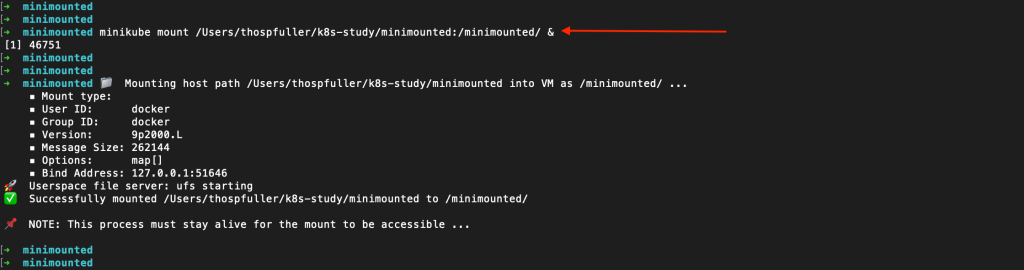 User successfully links the /.../k8s-study/minimounted directory on the host machine to the /minimounted/ directory within the Minikube VM.