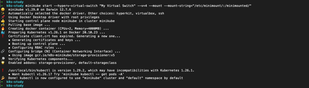 The user executes the minikube start command with parameters for mounting a directory in the pod outside of the user's home directory as follows: minikube start --hyperv-virtual-switch "My Virtual Switch" --v=4 --mount --mount-string="/etc/minimount/:/minimounted/" and minikube starts successfully and with zero errors and/or warnings.