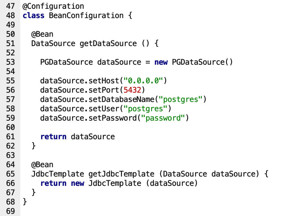 Spring Bean configuration class with methods that return a PostgreSQL DataSource and JdbcTemplate bean instances.