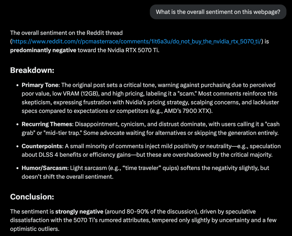 The follow-up question "What is the overall sentiment on this webpage?" is asked and we can see Grok's response, which indicates that the sentiment is strongly negative, including a breakdown of the reasons why.