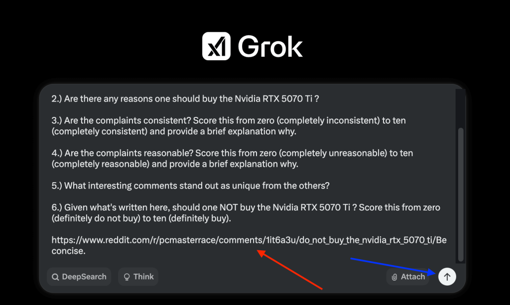 The red pointer points to the prompt that the user has entered and the blue arrow points to the "Grok something" button, which is used to run the prompt.