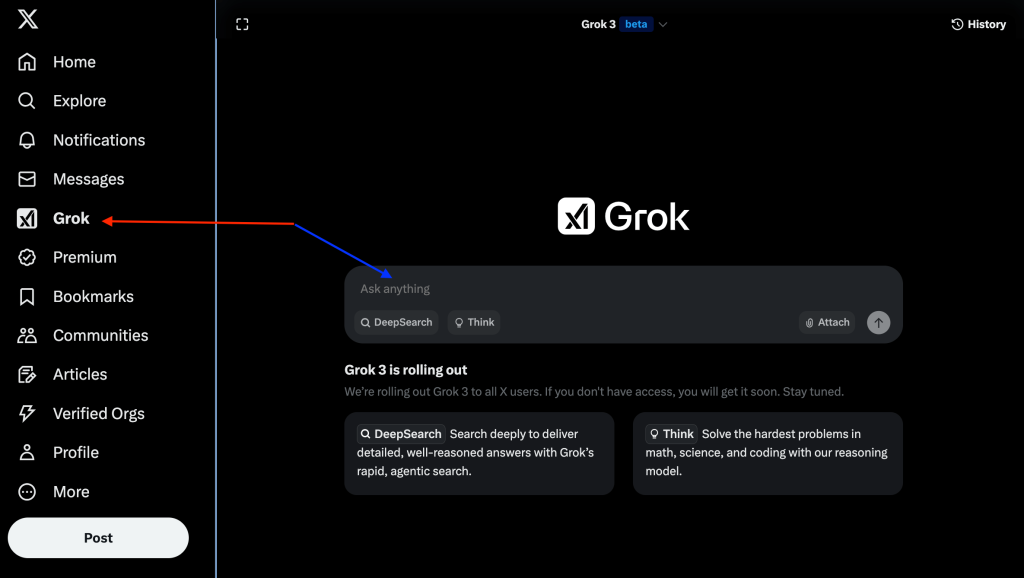 X (Twitter) Grok UI with a red arrow pointing to the Grok AI icon on the left side of the page and a blue arrow pointing to the "Ask anything" text area where we can enter our prompt.