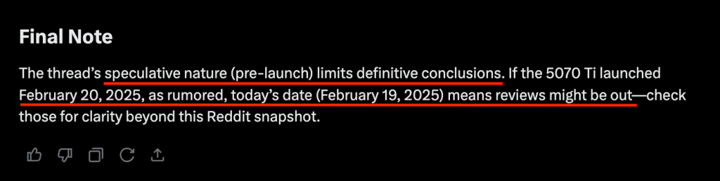 A final note with red underline indicating that the Reddit thread is speculative and hence no definitive conclusion can be reached and also noting that reviews may be available post-launch.