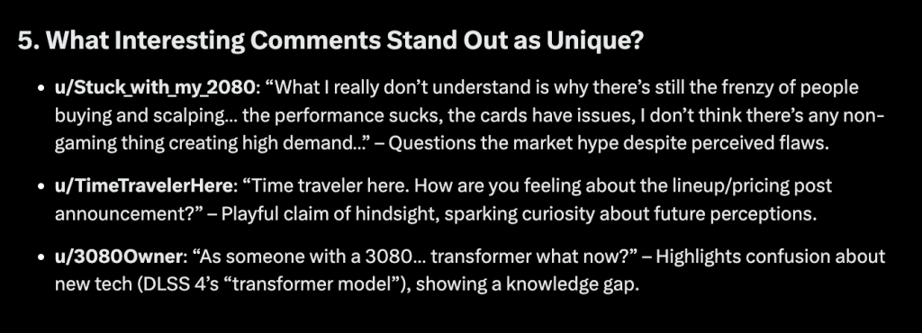 Question five response "What interesting comments stand out as unique from the others?" with the example response from Grok AI including three examples.