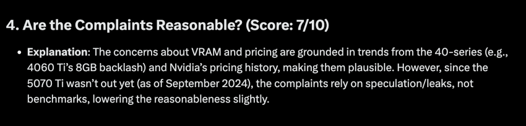 Question four response from Grok asking "Are the complaints reasonable? Score this from zero (completely unreasonable) to ten (completely reasonable) and provide a brief explanation why." to which Grok scored this a 7/10.