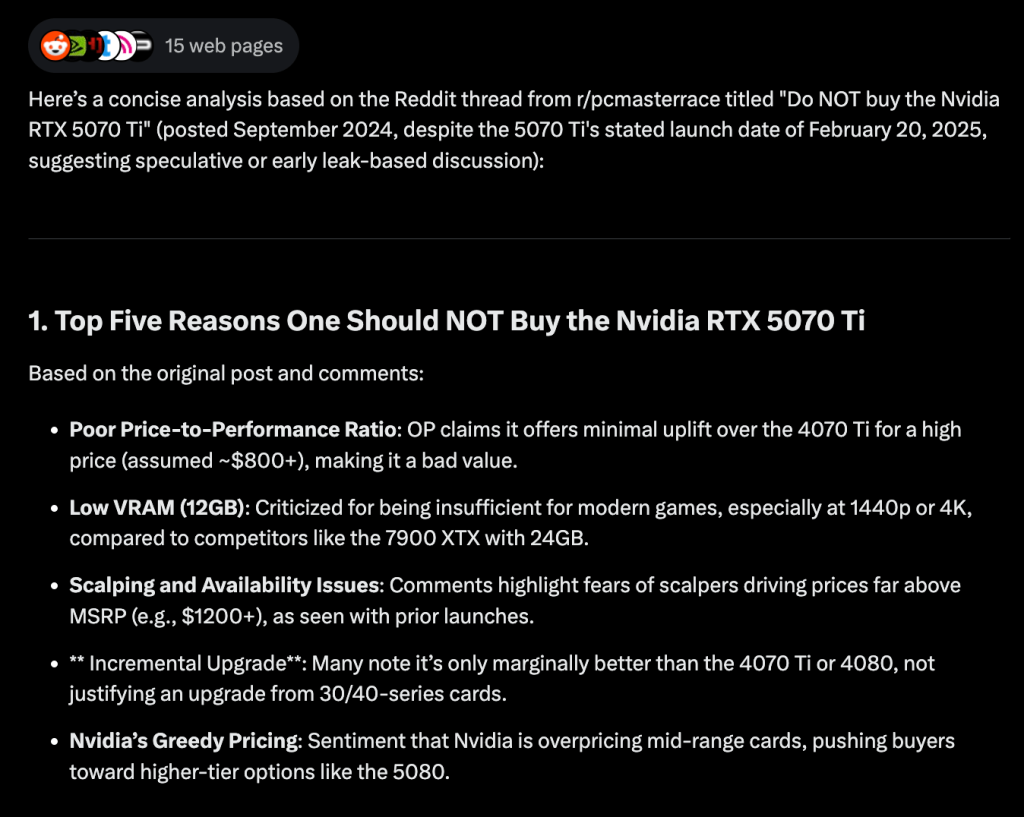 Grok xAI example response to question one: "What are the top five reasons one should NOT buy the Nvidia RTX 5070 Ti ?" including five reasons.