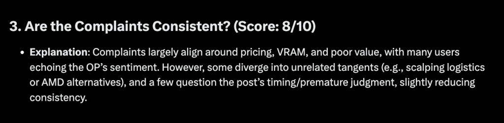 Question three asks "Are the complaints consistent? Score this from zero (completely inconsistent) to ten (completely consistent) and provide a brief explanation why." and the example response from Grok AI scores this an 8/10.