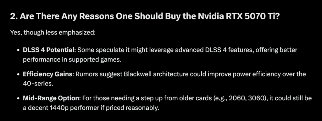 Grok response to question two: "Are there any reasons one should buy the Nvidia RTX 5070 Ti ?" including three justifications for purchasing this product.