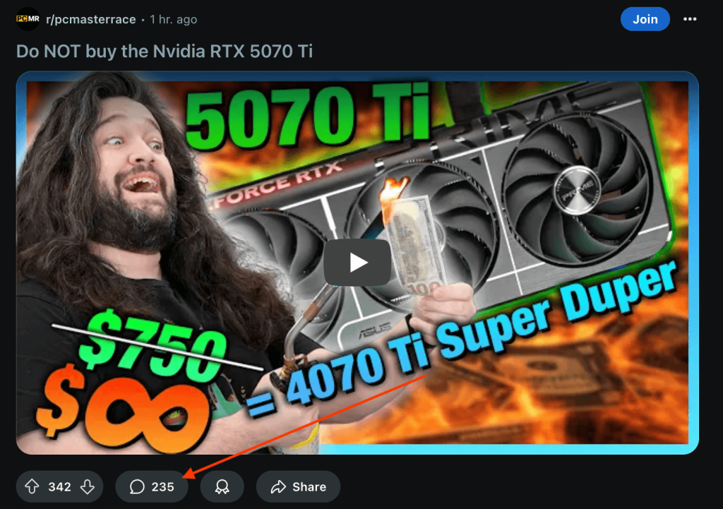 A Reddit post entitled "Do NOT buy the Nvidia RTX 5070 Ti" with a pointer to 235 comments.