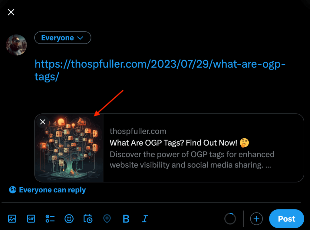 Pointer to the Open Graph image (og:image) as the URL is unfurled on X.com.