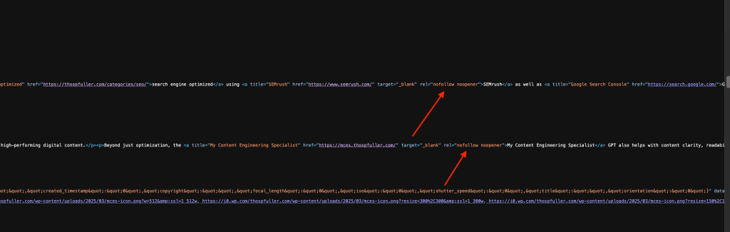 Screenshot showing two internal links with rel="nofollow" attributes, causing the 'Outgoing Internal Links Contain Nofollow Attribute' warning.