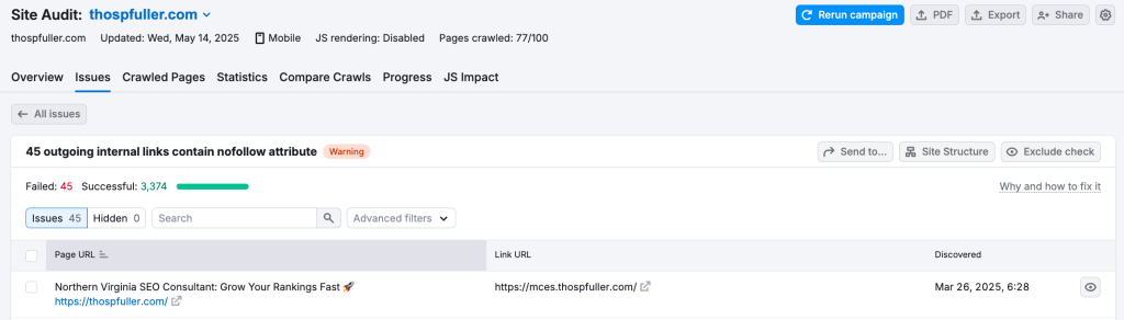 SEMrush Site Audit report showing 'Outgoing Internal Links Contain Nofollow Attribute' warning with one internal link example.