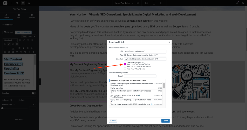 WordPress post edit screen showing 'Add rel="nofollow" to link' checkbox enabled which contributes to the 'Outgoing Internal Links Contain Nofollow Attribute' warning.