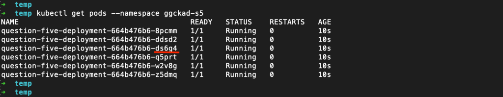 Screenshot of running pods in a deployment with a red underline marking the pod selected for deletion.