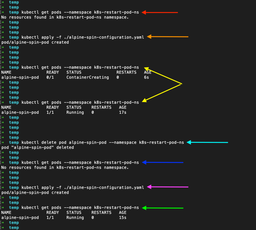 Using kubectl to restart a pod by deleting and recreating it.