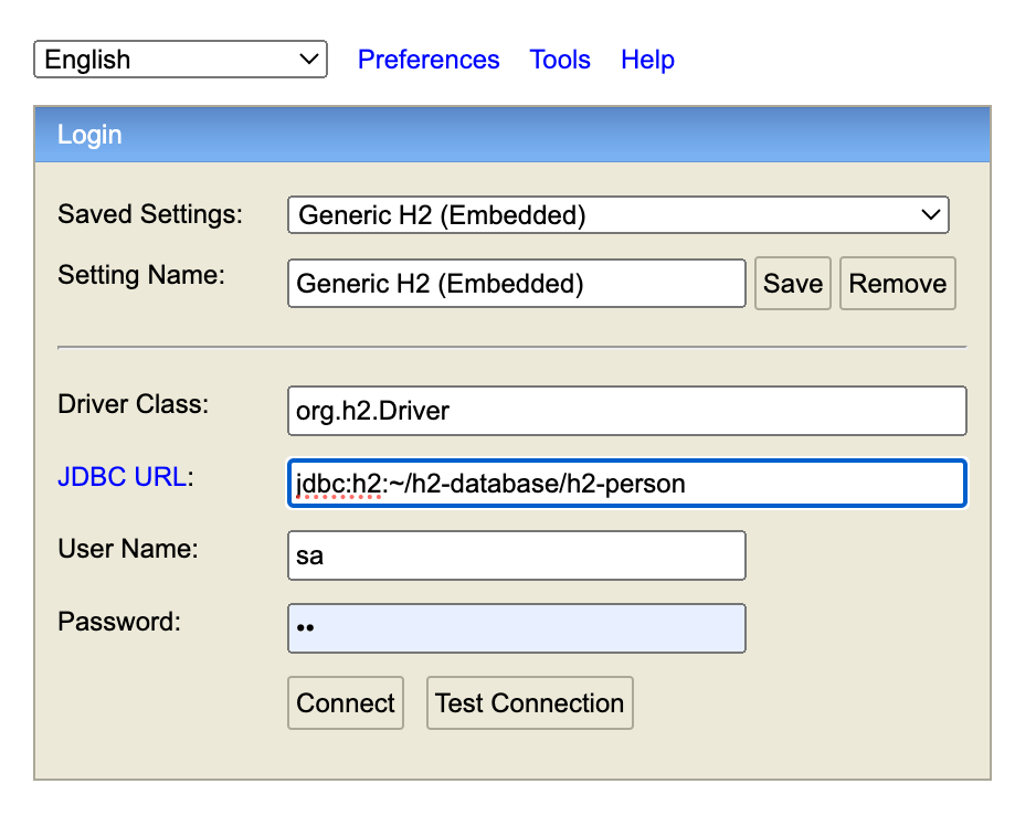 The h2 database login page with the JDBC URL set to jdbc:h2:~/h2-database/h2-person.
