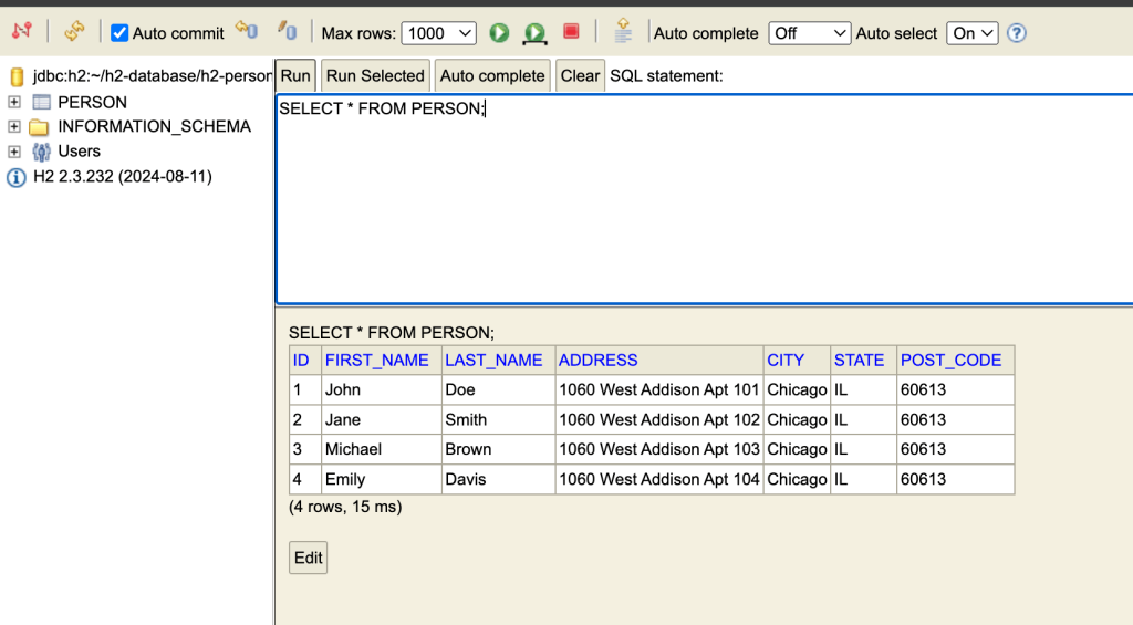 H2 web console displaying results from a SQL SELECT query on the PERSON table.
